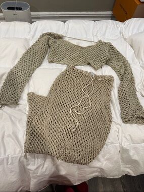 Bananhot Beige Crochet Two-Piece Set - Knit Crop Top & Skirt